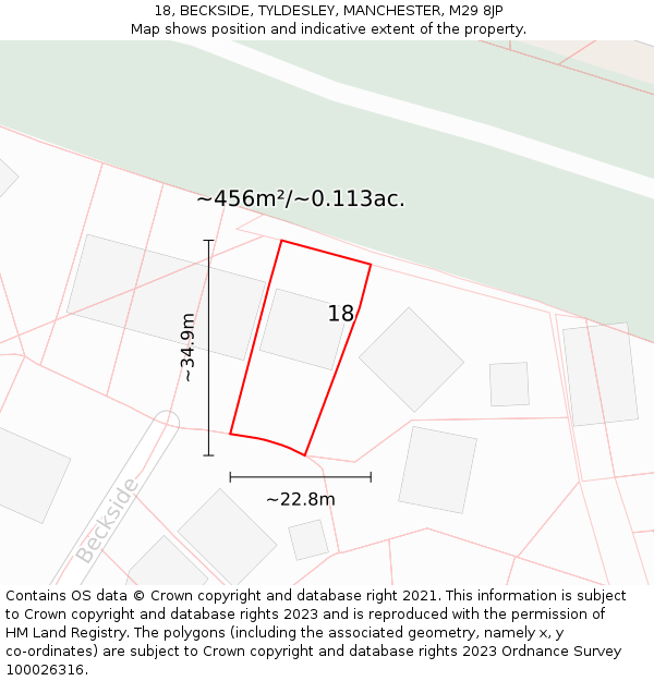 18, BECKSIDE, TYLDESLEY, MANCHESTER, M29 8JP: Plot and title map