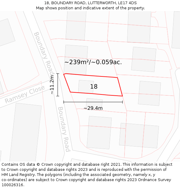 18, BOUNDARY ROAD, LUTTERWORTH, LE17 4DS: Plot and title map