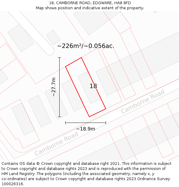 18, CAMBORNE ROAD, EDGWARE, HA8 8FD: Plot and title map