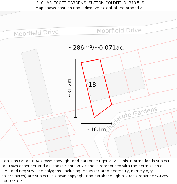18, CHARLECOTE GARDENS, SUTTON COLDFIELD, B73 5LS: Plot and title map