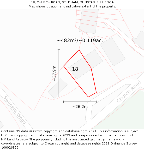 18, CHURCH ROAD, STUDHAM, DUNSTABLE, LU6 2QA: Plot and title map