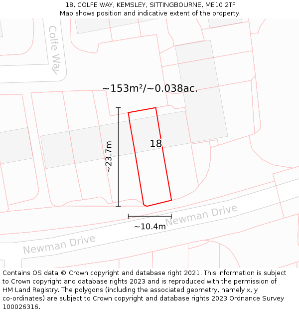 18, COLFE WAY, KEMSLEY, SITTINGBOURNE, ME10 2TF: Plot and title map