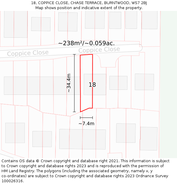 18, COPPICE CLOSE, CHASE TERRACE, BURNTWOOD, WS7 2BJ: Plot and title map