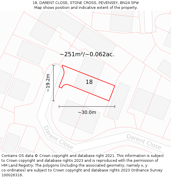 18, DARENT CLOSE, STONE CROSS, PEVENSEY, BN24 5PW: Plot and title map