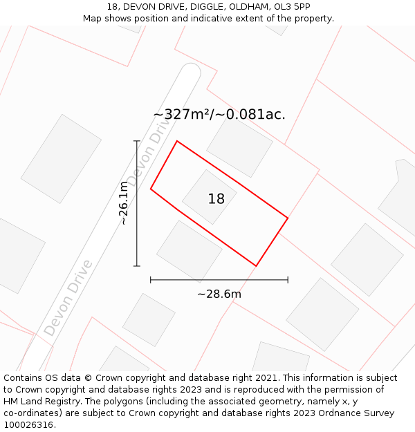 18, DEVON DRIVE, DIGGLE, OLDHAM, OL3 5PP: Plot and title map