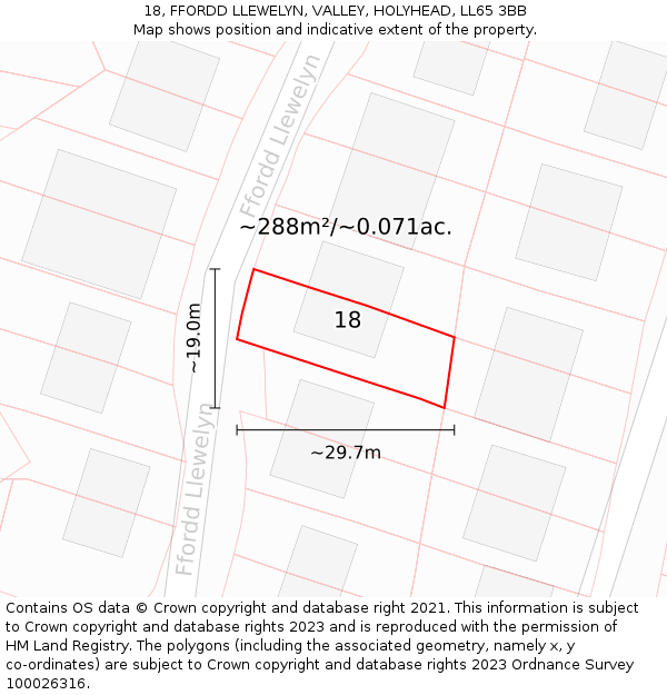 18, FFORDD LLEWELYN, VALLEY, HOLYHEAD, LL65 3BB: Plot and title map