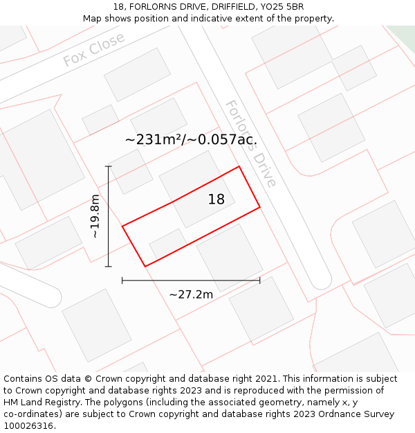 18, FORLORNS DRIVE, DRIFFIELD, YO25 5BR: Plot and title map