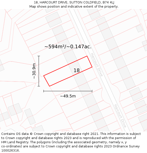 18, HARCOURT DRIVE, SUTTON COLDFIELD, B74 4LJ: Plot and title map