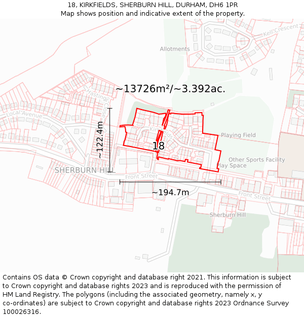 18, KIRKFIELDS, SHERBURN HILL, DURHAM, DH6 1PR: Plot and title map
