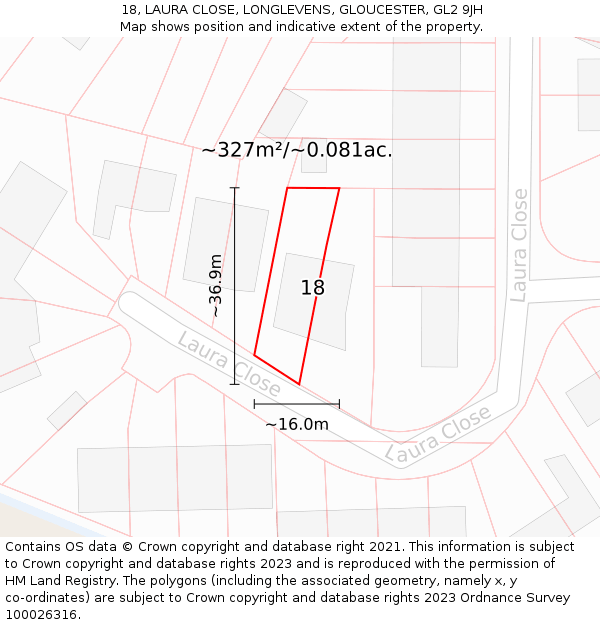 18, LAURA CLOSE, LONGLEVENS, GLOUCESTER, GL2 9JH: Plot and title map