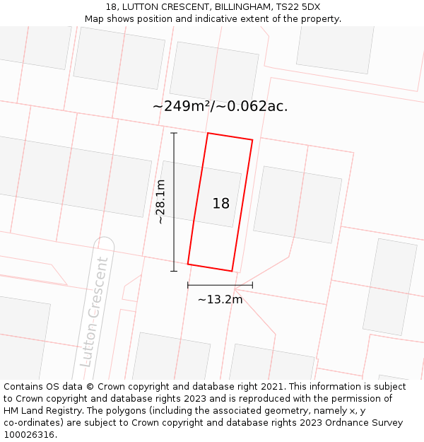 18, LUTTON CRESCENT, BILLINGHAM, TS22 5DX: Plot and title map