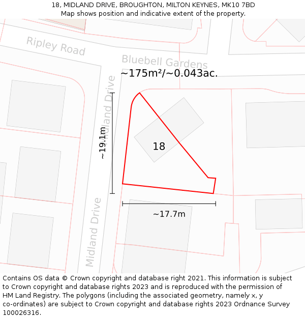 18, MIDLAND DRIVE, BROUGHTON, MILTON KEYNES, MK10 7BD: Plot and title map