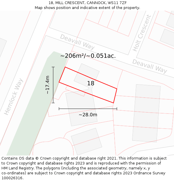 18, MILL CRESCENT, CANNOCK, WS11 7ZF: Plot and title map
