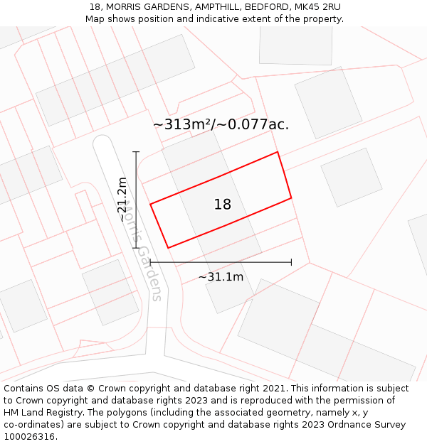 18, MORRIS GARDENS, AMPTHILL, BEDFORD, MK45 2RU: Plot and title map