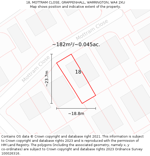 18, MOTTRAM CLOSE, GRAPPENHALL, WARRINGTON, WA4 2XU: Plot and title map