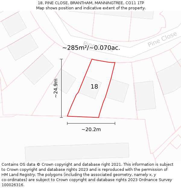 18, PINE CLOSE, BRANTHAM, MANNINGTREE, CO11 1TP: Plot and title map