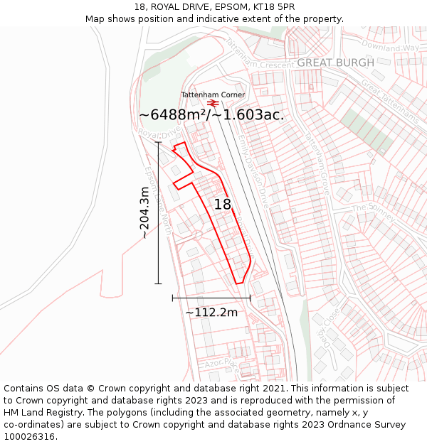 18, ROYAL DRIVE, EPSOM, KT18 5PR: Plot and title map