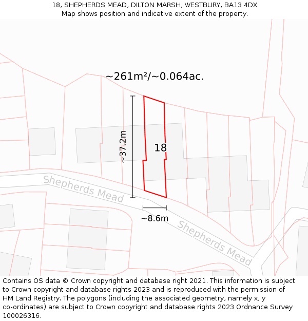 18, SHEPHERDS MEAD, DILTON MARSH, WESTBURY, BA13 4DX: Plot and title map