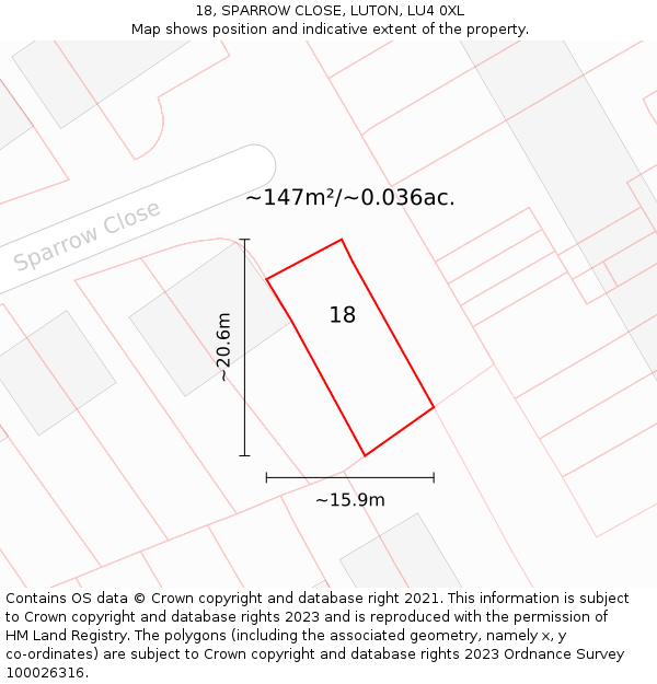 18, SPARROW CLOSE, LUTON, LU4 0XL: Plot and title map