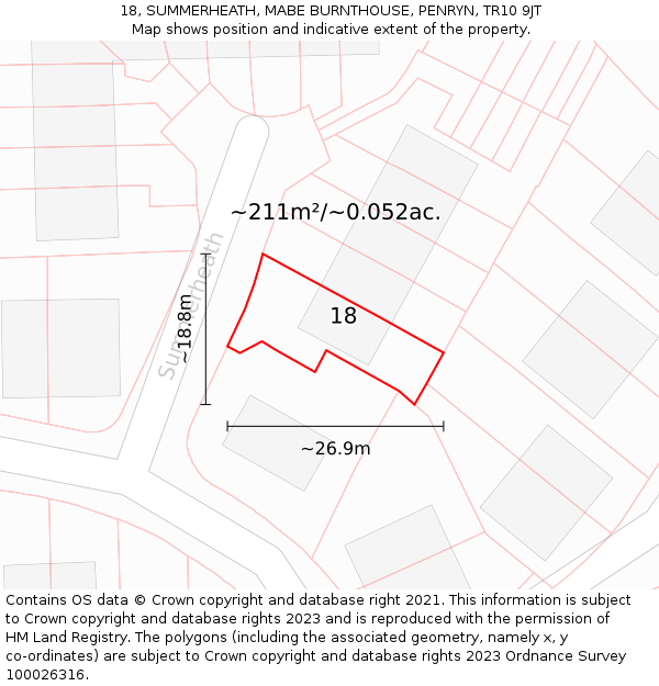 18, SUMMERHEATH, MABE BURNTHOUSE, PENRYN, TR10 9JT: Plot and title map