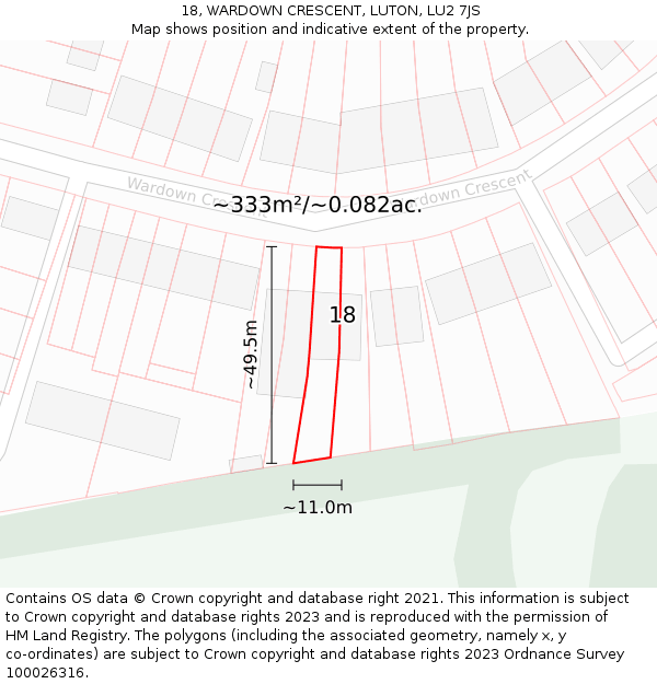 18, WARDOWN CRESCENT, LUTON, LU2 7JS: Plot and title map