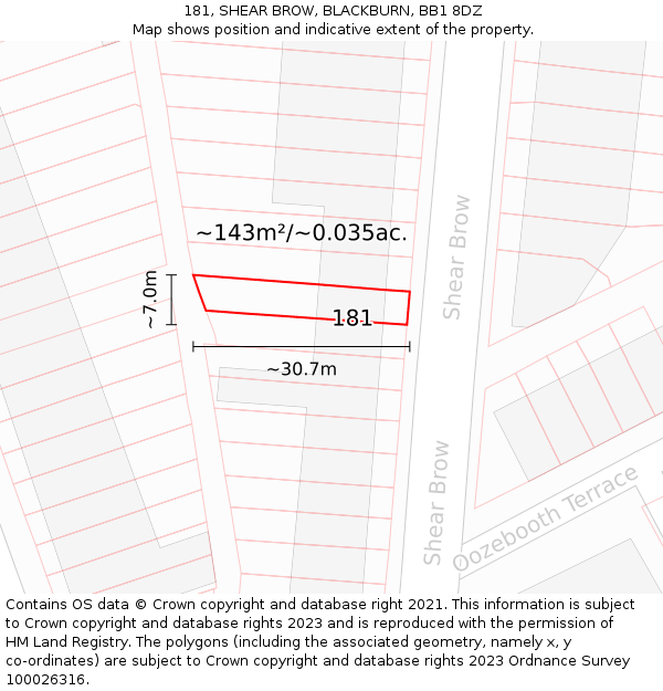 181, SHEAR BROW, BLACKBURN, BB1 8DZ: Plot and title map