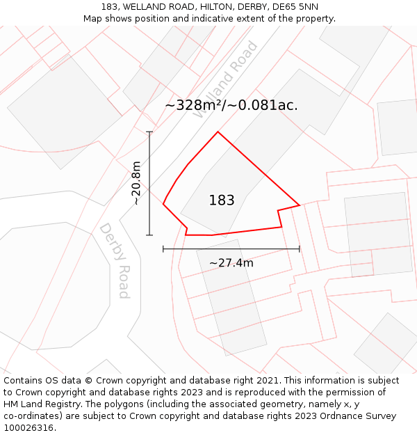 183, WELLAND ROAD, HILTON, DERBY, DE65 5NN: Plot and title map