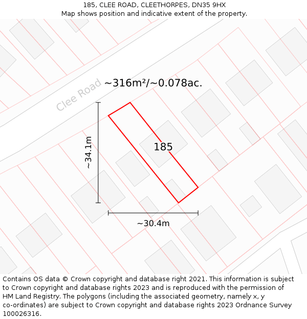 185, CLEE ROAD, CLEETHORPES, DN35 9HX: Plot and title map