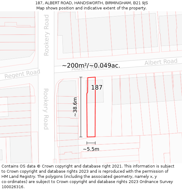 187, ALBERT ROAD, HANDSWORTH, BIRMINGHAM, B21 9JS: Plot and title map
