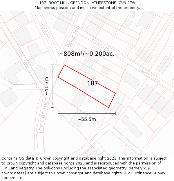 187, BOOT HILL, GRENDON, ATHERSTONE, CV9 2EW: Plot and title map