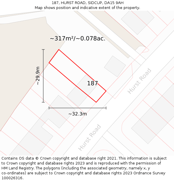 187, HURST ROAD, SIDCUP, DA15 9AH: Plot and title map