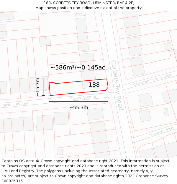 188, CORBETS TEY ROAD, UPMINSTER, RM14 2EJ: Plot and title map