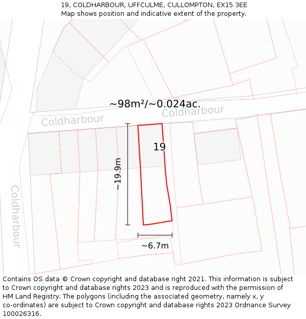 19, COLDHARBOUR, UFFCULME, CULLOMPTON, EX15 3EE: Plot and title map