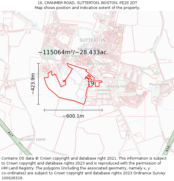 19, CRANMER ROAD, SUTTERTON, BOSTON, PE20 2DT: Plot and title map