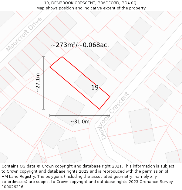19, DENBROOK CRESCENT, BRADFORD, BD4 0QL: Plot and title map