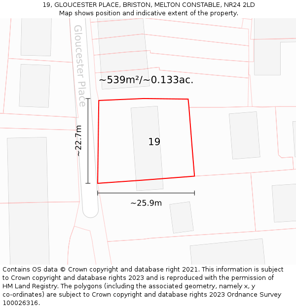 19, GLOUCESTER PLACE, BRISTON, MELTON CONSTABLE, NR24 2LD: Plot and title map