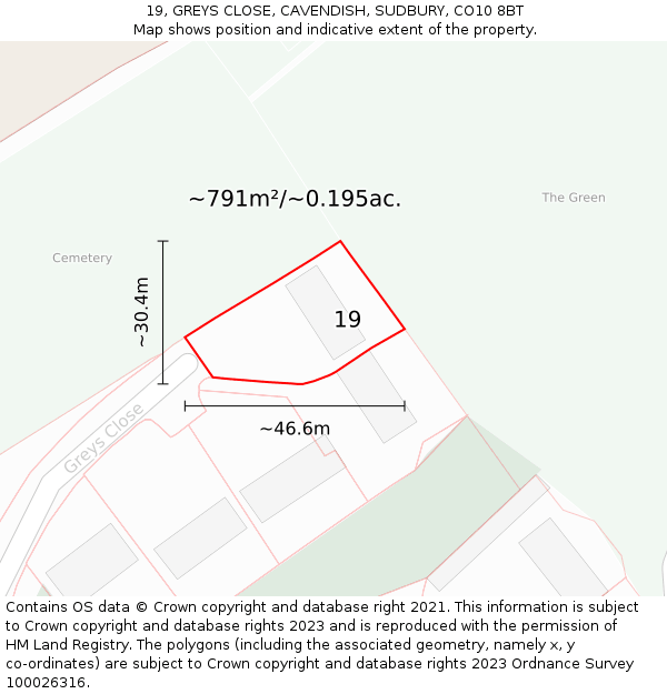 19, GREYS CLOSE, CAVENDISH, SUDBURY, CO10 8BT: Plot and title map