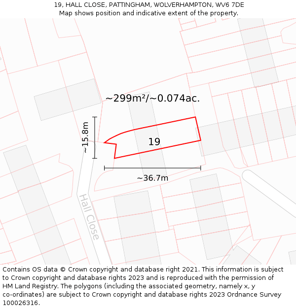 19, HALL CLOSE, PATTINGHAM, WOLVERHAMPTON, WV6 7DE: Plot and title map