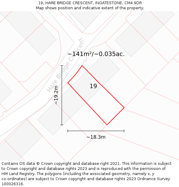 19, HARE BRIDGE CRESCENT, INGATESTONE, CM4 9DR: Plot and title map