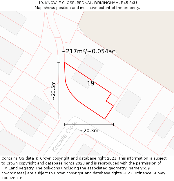 19, KNOWLE CLOSE, REDNAL, BIRMINGHAM, B45 8XU: Plot and title map