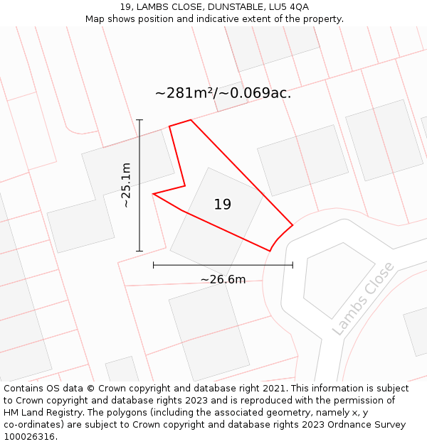 19, LAMBS CLOSE, DUNSTABLE, LU5 4QA: Plot and title map