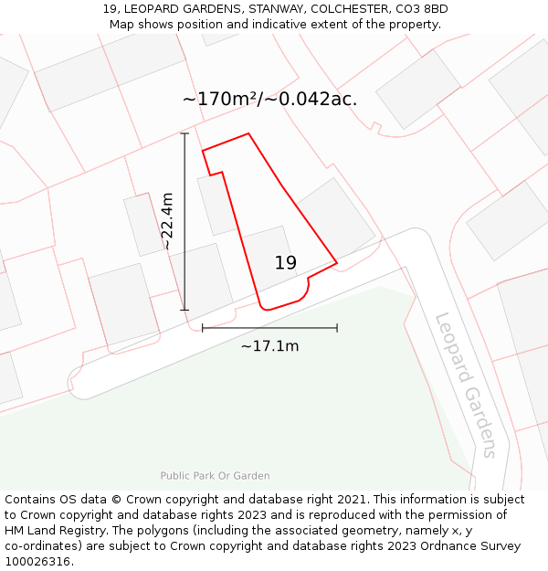 19, LEOPARD GARDENS, STANWAY, COLCHESTER, CO3 8BD: Plot and title map