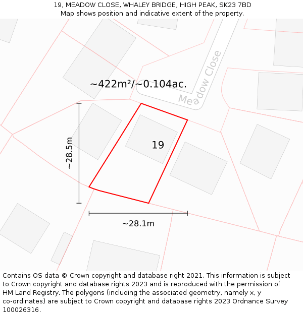 19, MEADOW CLOSE, WHALEY BRIDGE, HIGH PEAK, SK23 7BD: Plot and title map