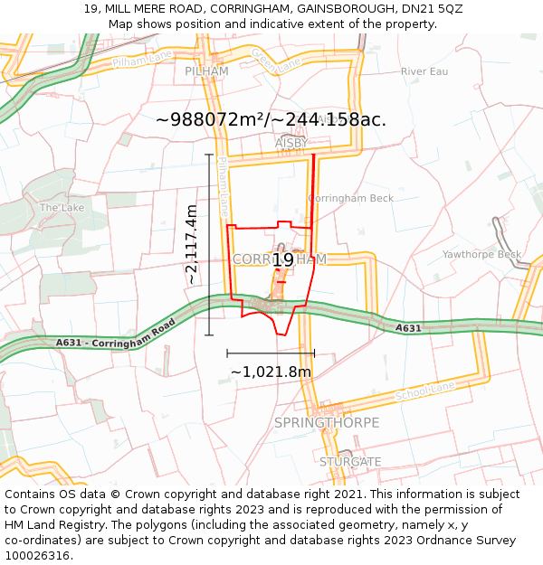 19, MILL MERE ROAD, CORRINGHAM, GAINSBOROUGH, DN21 5QZ: Plot and title map