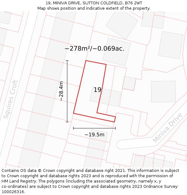 19, MINIVA DRIVE, SUTTON COLDFIELD, B76 2WT: Plot and title map