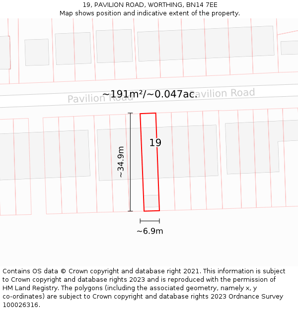 19, PAVILION ROAD, WORTHING, BN14 7EE: Plot and title map