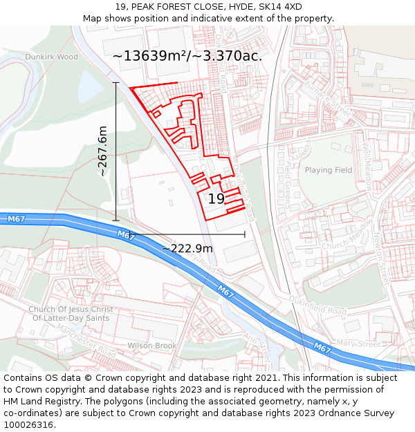 19, PEAK FOREST CLOSE, HYDE, SK14 4XD: Plot and title map