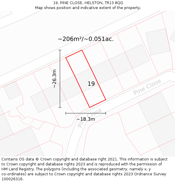 19, PINE CLOSE, HELSTON, TR13 8QG: Plot and title map