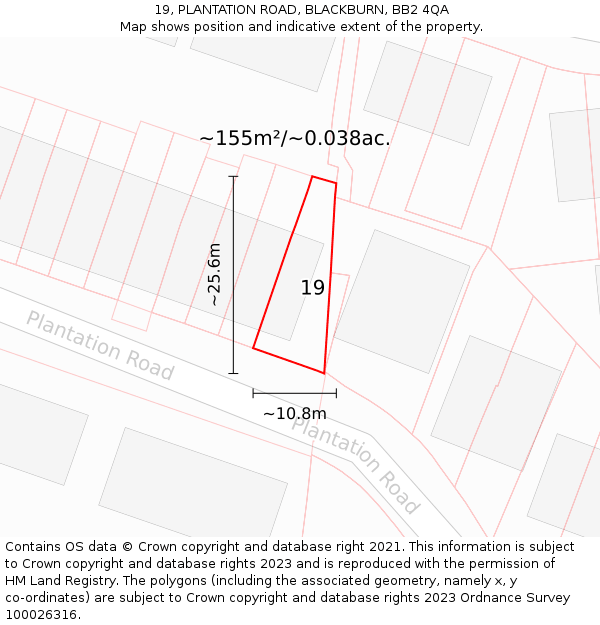 19, PLANTATION ROAD, BLACKBURN, BB2 4QA: Plot and title map