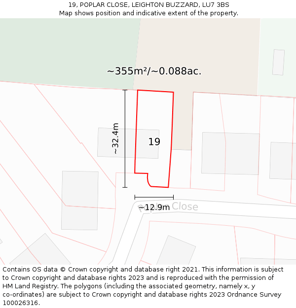 19, POPLAR CLOSE, LEIGHTON BUZZARD, LU7 3BS: Plot and title map